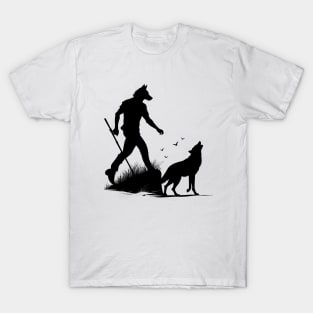 Moonlit Encounter: Wolf and Werewolf Silhouettes T-Shirt